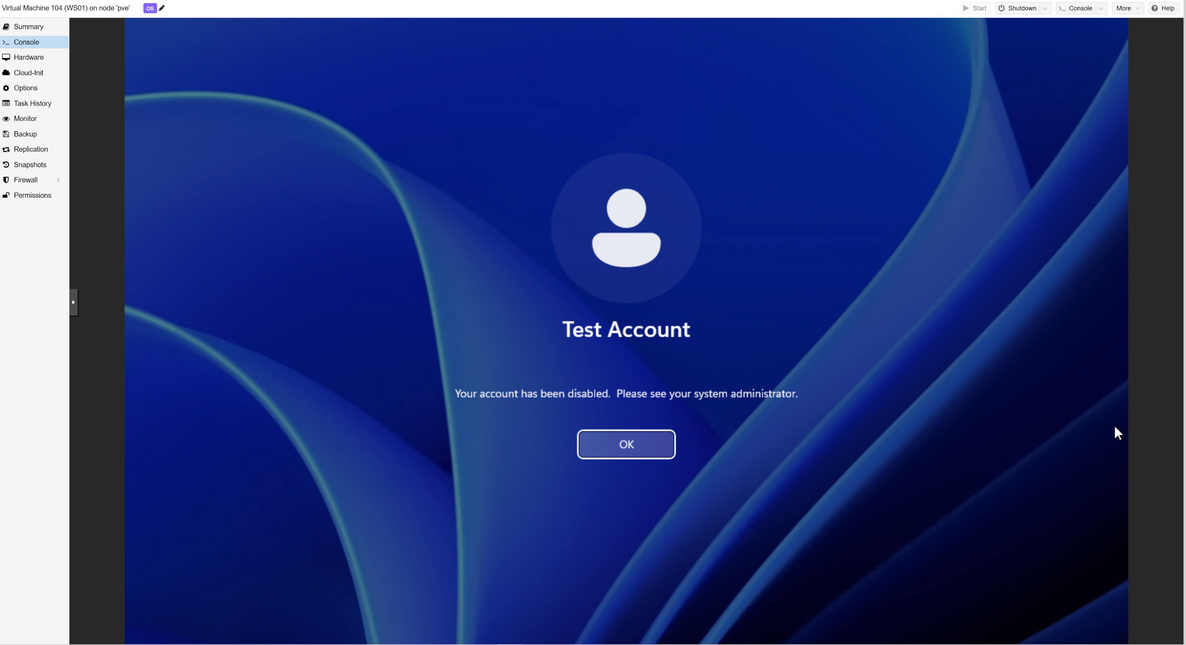 Test account disabled warning on login screen
